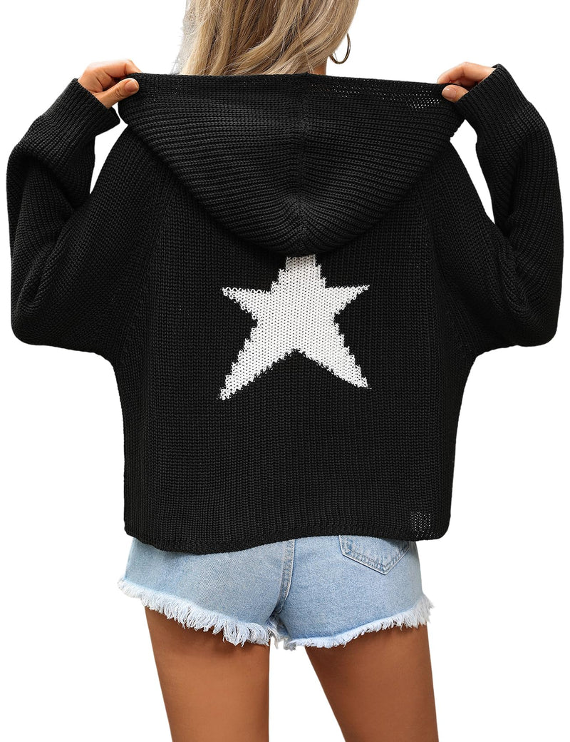 Yimoon Women’s Star Hoodies Y2k Sweater Oversized Graphic Aesthetic 90s Sweatshirt Knit Crewneck Long Sleeve Vintage Pullover Tops (Black-S)