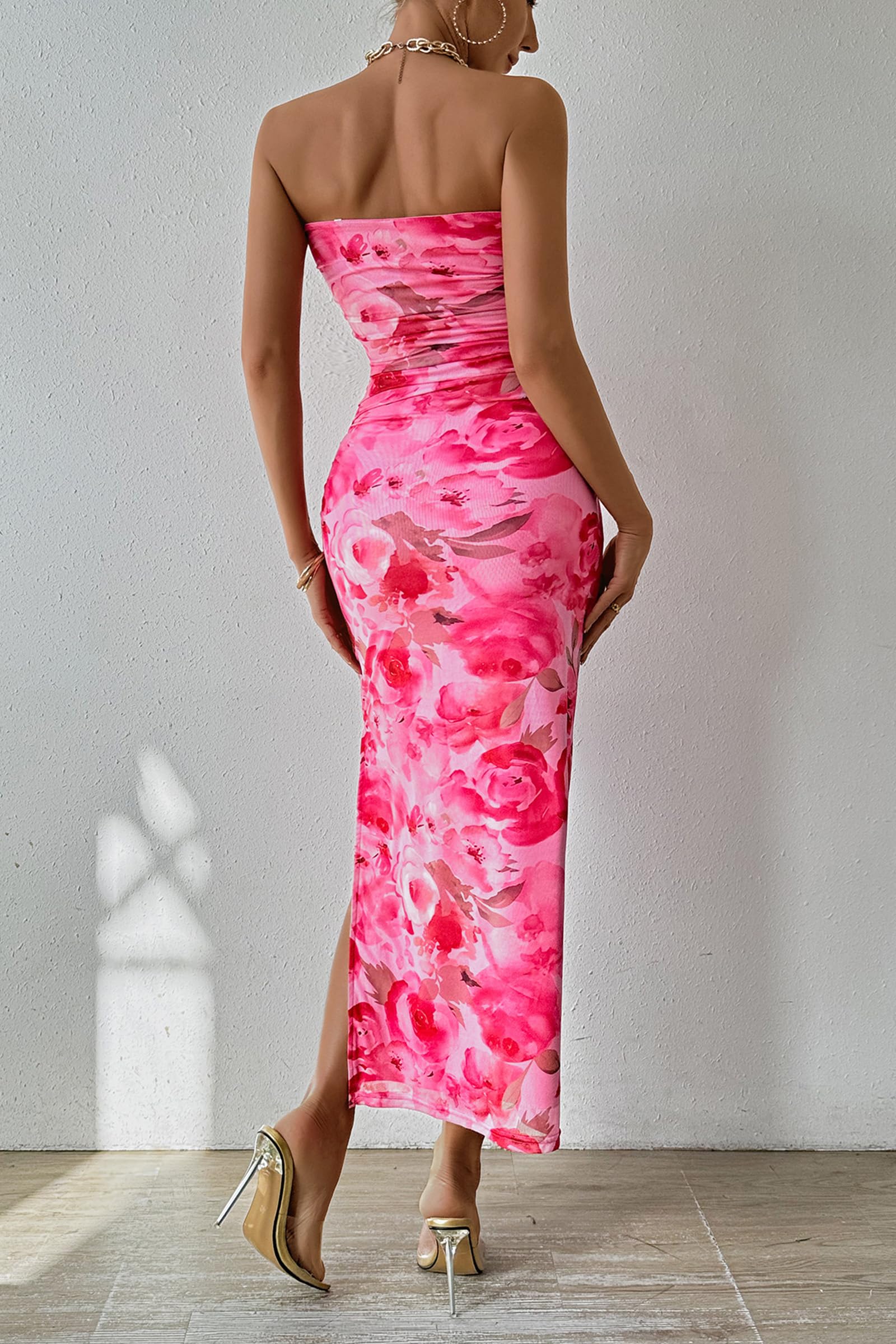 PRETTYGARDEN Women's Summer Maxi Bodycon Dresses Strapless Tube Top Printed Long Party Club Slit Dress (Print Pink,Medium)