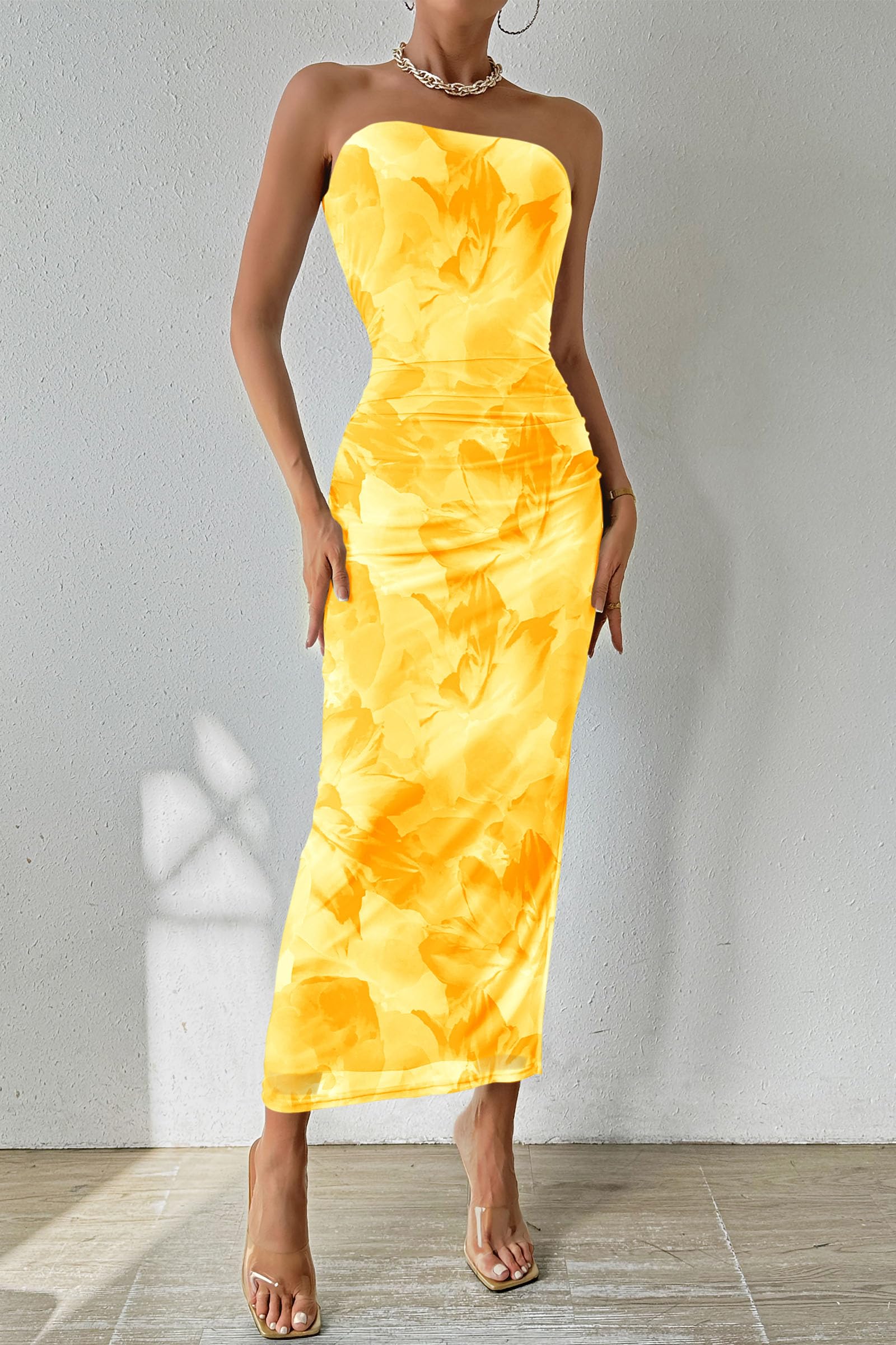 PRETTYGARDEN Women's Summer Maxi Bodycon Dresses Strapless Tube Top Printed Long Party Club Slit Dress (Floral Yellow,Medium)