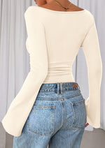 Load image into Gallery viewer, PRETTYGARDEN Women's Long Sleeve Shirts 2025 Fall Going Out Tops Casual Boat Neck Bell Sleeve Ribbed Ruched Y2K Clothes (Beige,Medium)
