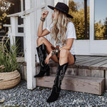 Load image into Gallery viewer, Celbreez Black Cowboy Boots for Women Suede Knee High Western Boots Rhinestone Embroidered Cowgirl Boots Wide Calf Pointed Toe Side Zip Long Boots Chunky Heel Tall Boots
