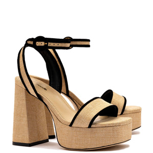 Larroudé, Dolly Sandal In Beige Raffia And Black Trimming, 7, Beige