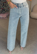 Load image into Gallery viewer, Famnbro Womens Rhinestone Jeans Baggy Y2K High Waisted Straight Wide Leg Sparkly Bling Glitter Denim Pants Blue
