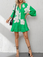 Load image into Gallery viewer, Opemiby Summer Dresses for Women 2026 Flowy Ruffle 3/4 Sleeve V Neck Tiered Casual Babydoll Boho Beach Mini Dress Bright Green Floral M
