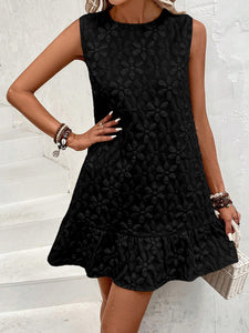 SOLY HUX Women's Ruffle Hem Sleeveless Tank Dress Round Neck Casual Jacquard Hem Smock Summer Mini Dresses Plain Black