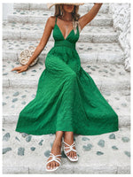 Load image into Gallery viewer, Milumia Women's Summer V Neck Backless Maxi Dress Boho Spaghetti Strap A Line Flowy Beach Long Sundress Green Medium
