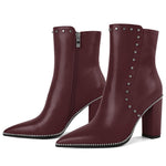 Load image into Gallery viewer, YODEKS Womens Ankle Boots Chunky Heel Short Ankle Booties Rivet Beaded Studded Pointed Toe 3.7 Inch High Block Heel Burgundy Boots Size 7.5
