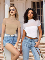 Load image into Gallery viewer, Avidlove Women&#39;s Short Sleeve Bodysuit Turtle Neck Body Suits Mesh Bodysuit Blouse Going Out Date Night Tops Nude
