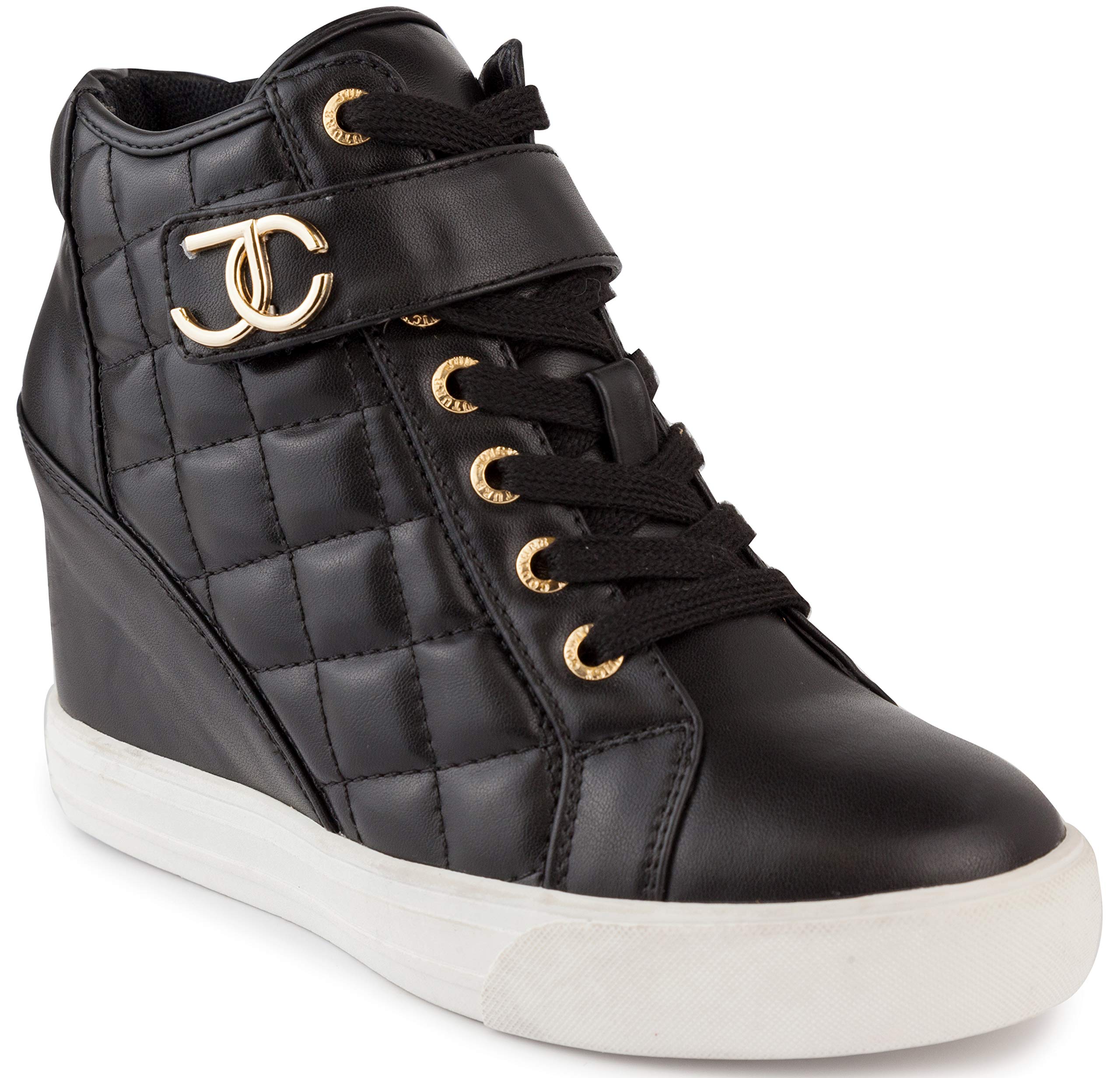 Juicy Couture Womens Wedge Sneakers High Top Womens Sneakers with Wedge, Wedgies Sneakers for Women-Journey 8 Black