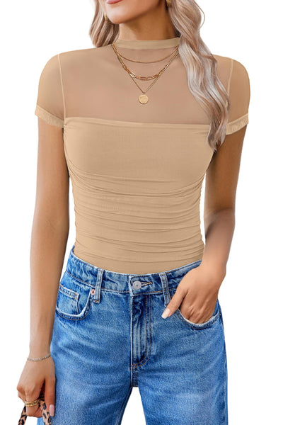 Avidlove Women's Short Sleeve Bodysuit Turtle Neck Body Suits Mesh Bodysuit Blouse Going Out Date Night Tops Nude