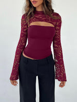 Load image into Gallery viewer, Xuiqx Women's Lace Long Sleeve Going Out Top Sexy Y2K Cut Out Double Lined Slim Night Out Club Party Tops (Burgundy Medium)
