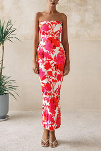 PRETTYGARDEN Women's 2025 Summer Floral Bodycon Maxi Dresses Ribbed Strapless Tube Casual Boho Party Long Dress (Floral White Pink,Medium)