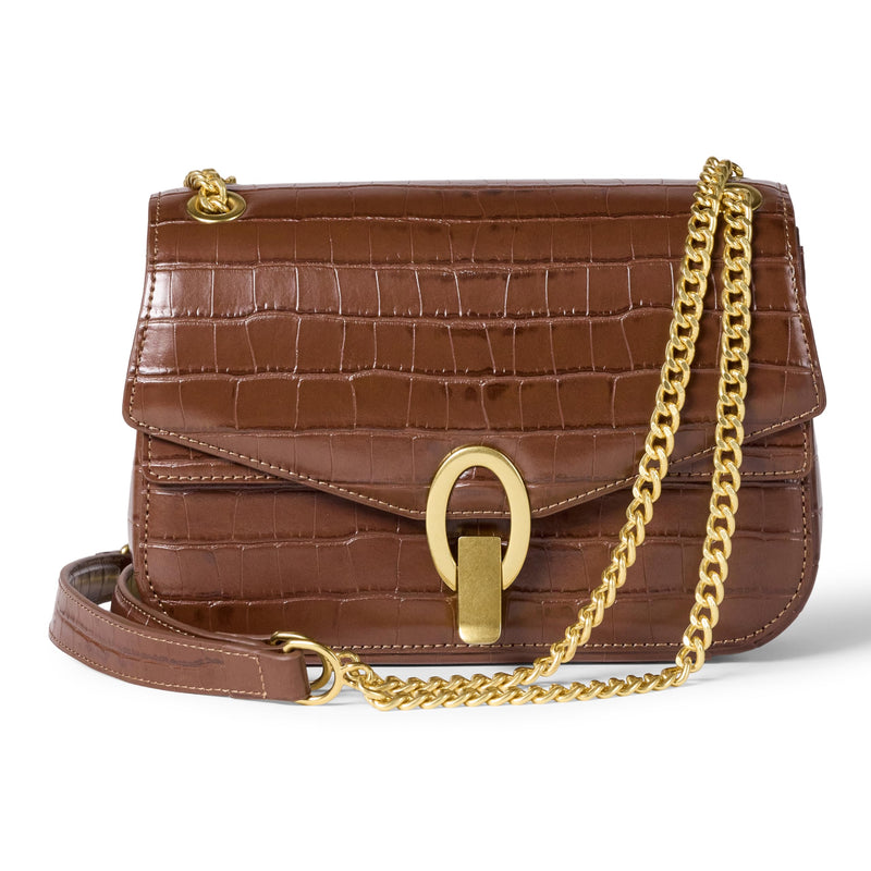 Amazon Essentials Women's Chain Shoulder Bag, Brown Faux Crocodile, One Size