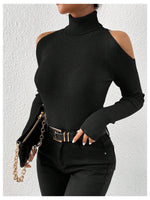 Load image into Gallery viewer, SOLY HUX Women's Cold Shoulder Sweater High Neck Long Sleeve Pullover Lightweight Ribbed Knit Jumper Tops Solid Black Large
