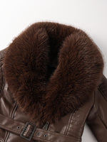 Load image into Gallery viewer, Bellivera Women's Faux Leather Short Jacket Moto Sherpa-Lined Belt Coat with Removable Fur Collar 9203 Brown S
