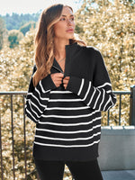 Load image into Gallery viewer, LILLUSORY Women&#39;s Quarter Zip Striped Oversized Sweater 2025 Mock Turtleneck Fall Fashion Outfit Black-White M
