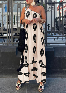 PRETTYGARDEN Women's Summer One Shoulder Maxi Dresses Printed Flowy Boho Beach Vacation Long Sundress (Beige Black Floral,Small)