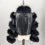 Load image into Gallery viewer, LVCOMEFF Women Sheep Leather Cropped Jacket Bolero Top Coat Motorcycle Jacket With Fox Fur Layer Long Sleeve Python Pattern (US, Alpha, X-Small, Regular, Regular, Black)
