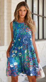 Load image into Gallery viewer, Summer T-Shirt Dress for Women Sleeveless Beach Bohemian Floral Sundress Tunic Swing Casual Loose Pockets(Blue Garden Floral,L)
