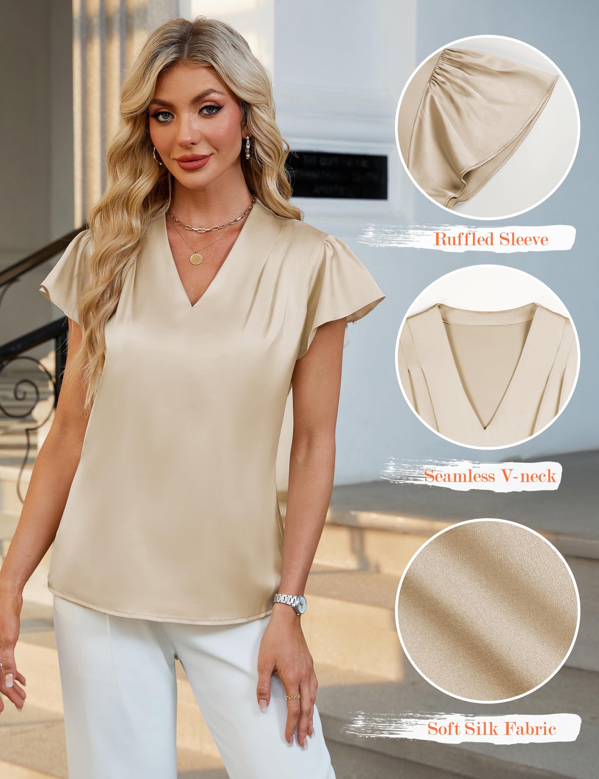 Blooming Jelly Women Silk Dressy Casual Business Blouse Ruffle Sleeve Summer Tops Work Professional Outfits (S, Beige)