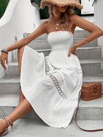 Load image into Gallery viewer, SKAYS Women's Strapless Bandeau Dress Solid Color Hollow Out Lace Patchwork A-Line Beach Dress White M
