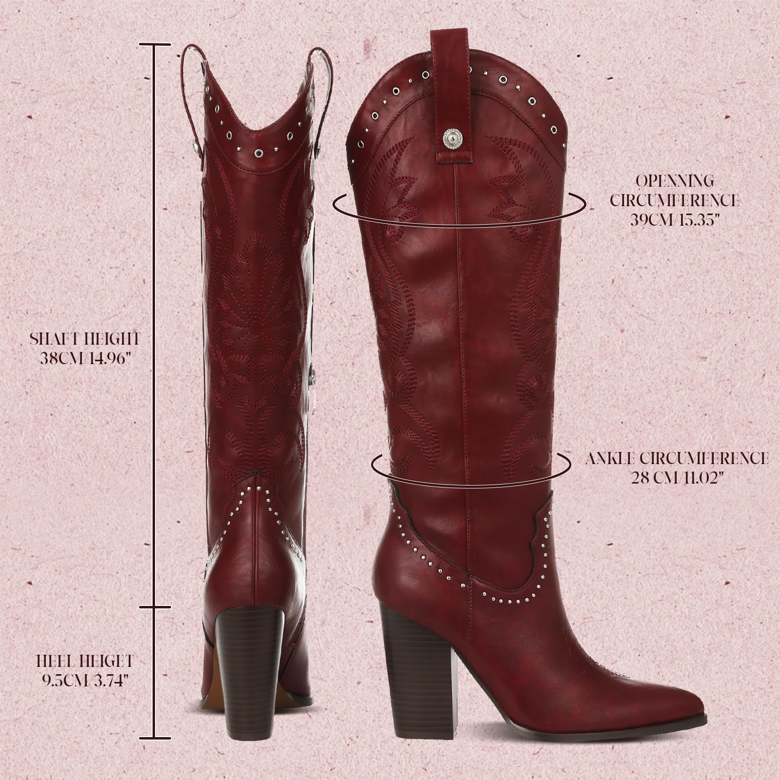 VOMIRA Knee High Burgundy Cowboy Boots for Women - Pointed Toe Chunky High Heels Pull-on Embroidered Western Boots for Wide Calf Cowgirls