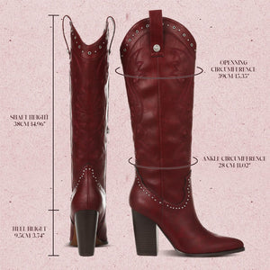 VOMIRA Knee High Burgundy Cowboy Boots for Women - Pointed Toe Chunky High Heels Pull-on Embroidered Western Boots for Wide Calf Cowgirls