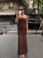 Load image into Gallery viewer, Curvphilo Strapless Bodycon Maxi Dress Women Double Lined Modal Mesh Formal Cocktail Party Wedding Guest Dress (Double Lined, US, Alpha, Medium, Regular, Regular, Chocolate Brown)
