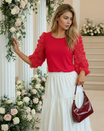 Load image into Gallery viewer, Triratna Tshirts for Women Casual: Crew Neck Mesh Puffy Sleeves with Appliques - Cotton Shirts for Women Summer Trendy - Cute Tees Tops Petite Ladies Evening Elegant Blouse Red S
