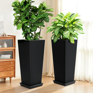 TUYOHW Set of 2 Large Planter for Indoor or Outdoor 24" Tall Flower Pots Tapered Planters with Tray for Porch, Patio, Backyard, Large Planters for Outdoor Indoor Plants (Black)