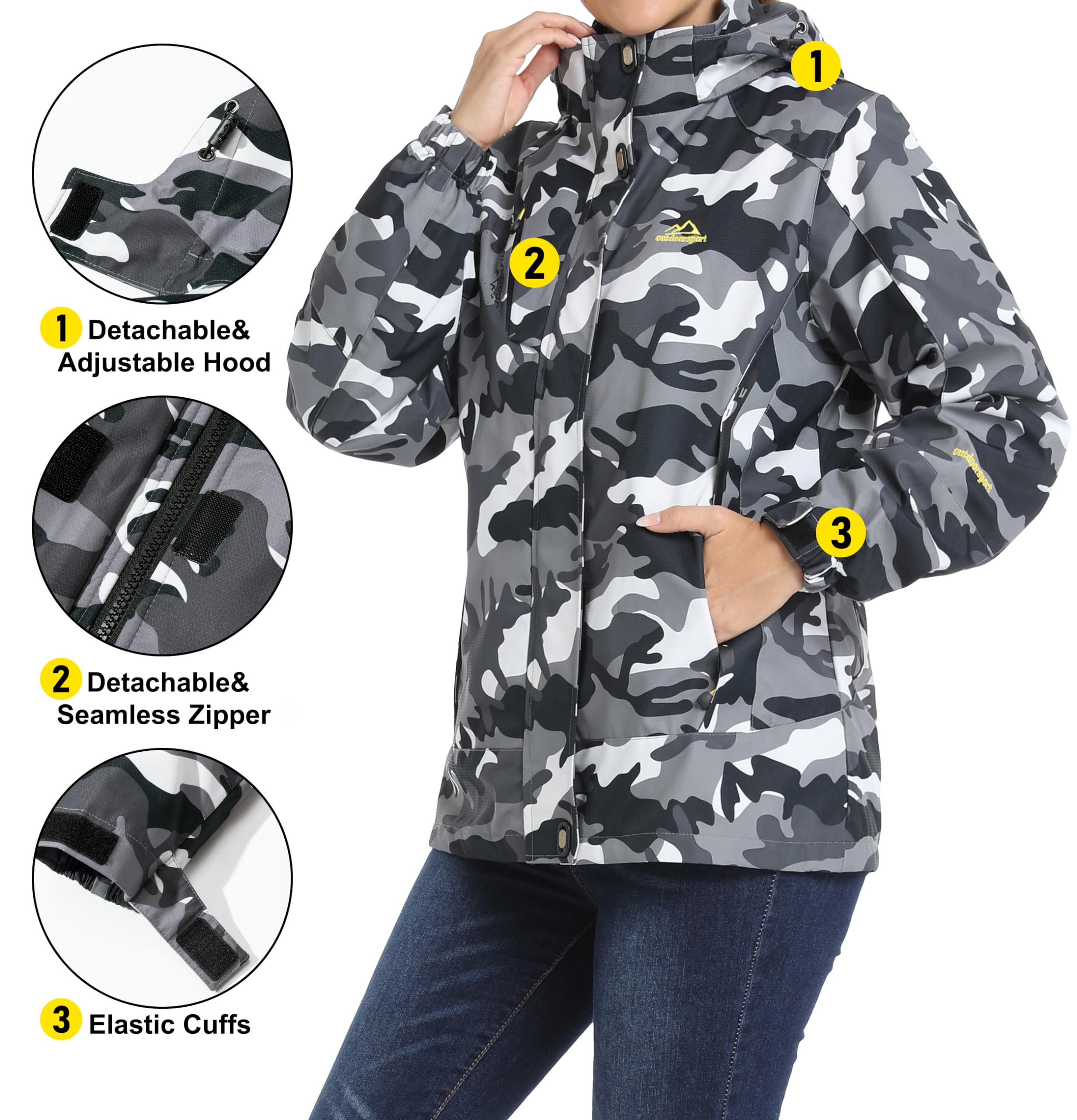 MAGCOMSEN Womens Black Camo Jacket 3 in 1 Snow Jacket Waterproof Insulated Snow Coats Ladies Jacket Coats Outdoors Black Camo M