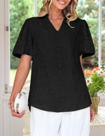 Load image into Gallery viewer, ZESICA Women&#39;s Summer Short Puff Sleeve Shirts 2025 V Neck Casual Hollow Out Lace Embroidered Blouse Tops,Black,Medium
