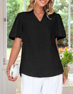 ZESICA Women's Summer Short Puff Sleeve Shirts 2025 V Neck Casual Hollow Out Lace Embroidered Blouse Tops,Black,Medium