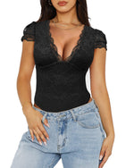 Load image into Gallery viewer, Saslax Women&#39;s Sexy Deep V Neck Short Sleeve Lace Bodysuit Double Lined Body Suit Thong Going Out Tank Tops Black M
