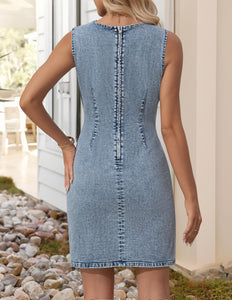 NENONA Womens Sleeveless Denim Mini Dress Casual Stretchy Waist Tank Jean Dresses,Greyblue,S