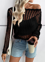 Load image into Gallery viewer, EVALESS Womens Fashion Spring Tops Resort Wear for Women 2026 Long Sleeve Summer Sweaters Crochet Hollow Out Top Lightweight Vacation Outfits Sexy Off The Shoulder Womens Clothes Black Shirts, Medium
