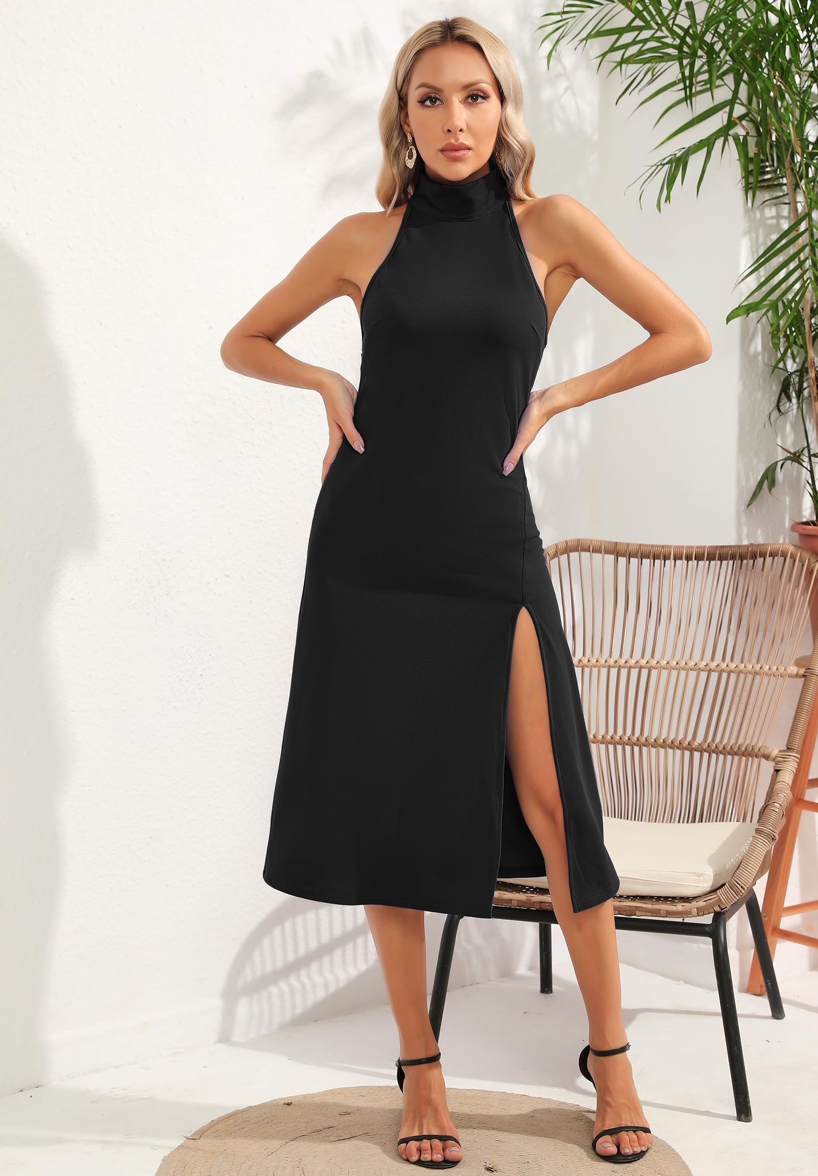ALENDA DANMOS Women's Sleeveless Bodycon Halter High Neck Midi Dress Thigh High Slit Cocktail Party Dress 193(X-Small,Black)