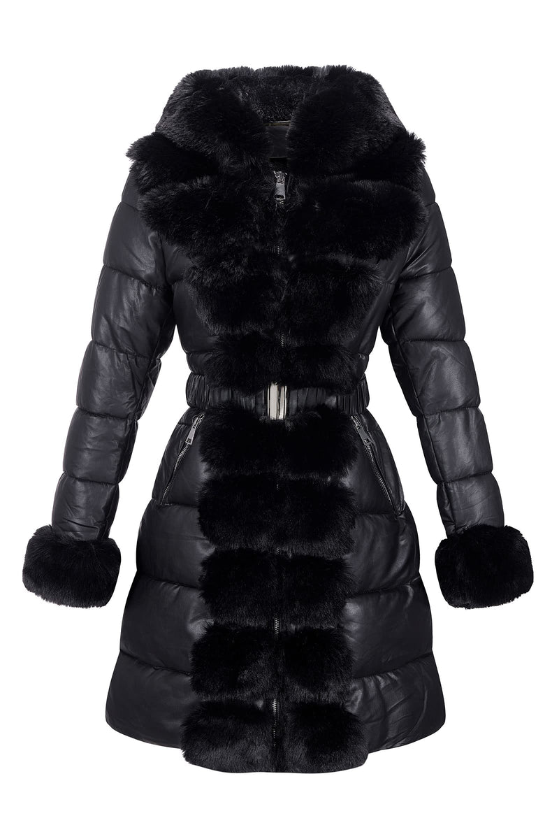 RISISSIDA Puffer Jacket Women Winter Down Faux Fur Lined Puffy Coat with Long Collar Hood, Thicken Quilted Warm Leather Bubble Overcoat Black M