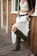 Load image into Gallery viewer, iiimmu Cowgirl Boots Pointed Toe and Block Heel Suede Cowboy Boots for Women with Embroidered, Green, Size 8
