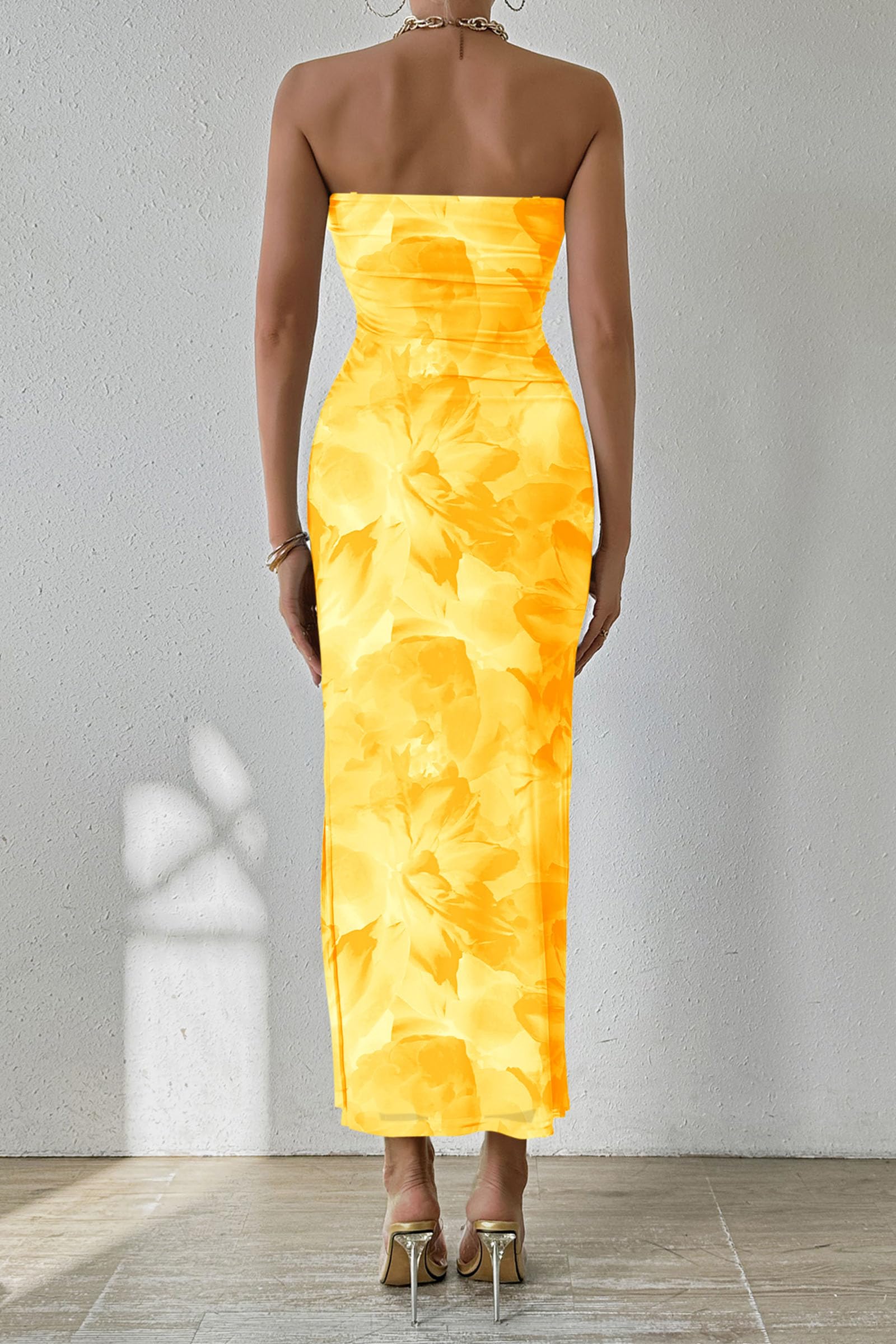 PRETTYGARDEN Women's Summer Maxi Bodycon Dresses Strapless Tube Top Printed Long Party Club Slit Dress (Floral Yellow,Medium)
