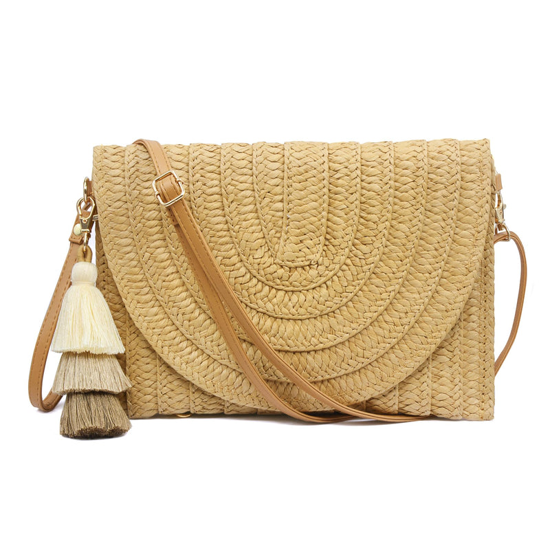 Aovtero Straw Clutch Purse Women Crossbody Bag Summer Beach Shoulder Bags Envelope Wallet Handbags (Light Brown)