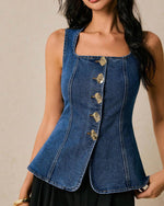 Load image into Gallery viewer, EZAPINE Women's Metal Button Front Denim Tank Top Sleeveless Square Neck Slim Fit Jean Vest
