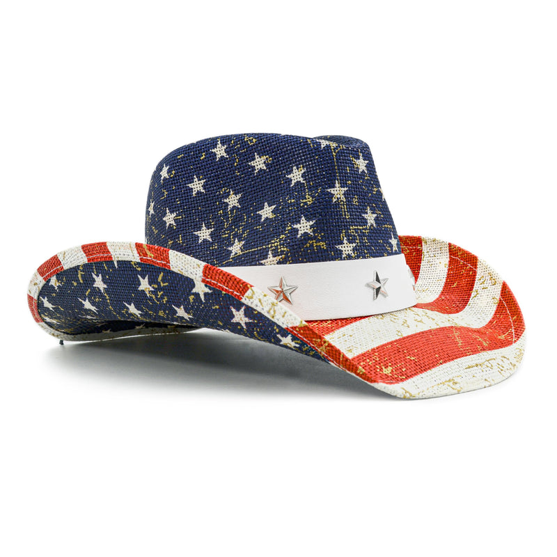 FLUFFY SENSE. American Flag Cowboy Cowgirl Hat Patriotic USA Western Hat 4th of July Party Parade Rodeo Cowgirl Outfit for Women, Blue Gold Shine