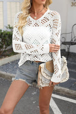 Load image into Gallery viewer, Allimy Womens Summer Sexy Tops for Women 2026 Crochet Coverups Long Sleeve Sweaters V Neck Beach Cover ups Resort Wear Vacation Cruise Outfits Boho Clothes White US 8 10
