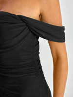 Load image into Gallery viewer, Caracilia Womens Summer Off The Shoulder Formal Bodycon Maxi Dresses High Slit Ruffle Hem Mesh Wedding Guest Cocktail Dress Black Medium
