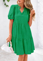 Load image into Gallery viewer, KIRUNDO Eyelet Summer Dresses for Women Mini Casual Hollow Out Short Sleeve Lace Tiered V Neck Shift Dress with Pockets(Green, Medium)
