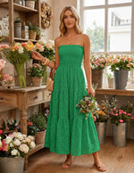 Load image into Gallery viewer, ZESICA Womens 2026 Summer Boho Strapless Midi Dresses Off Shoulder Smocked Eyelet Wedding Guest Beach Long Dress Pockets Green Small
