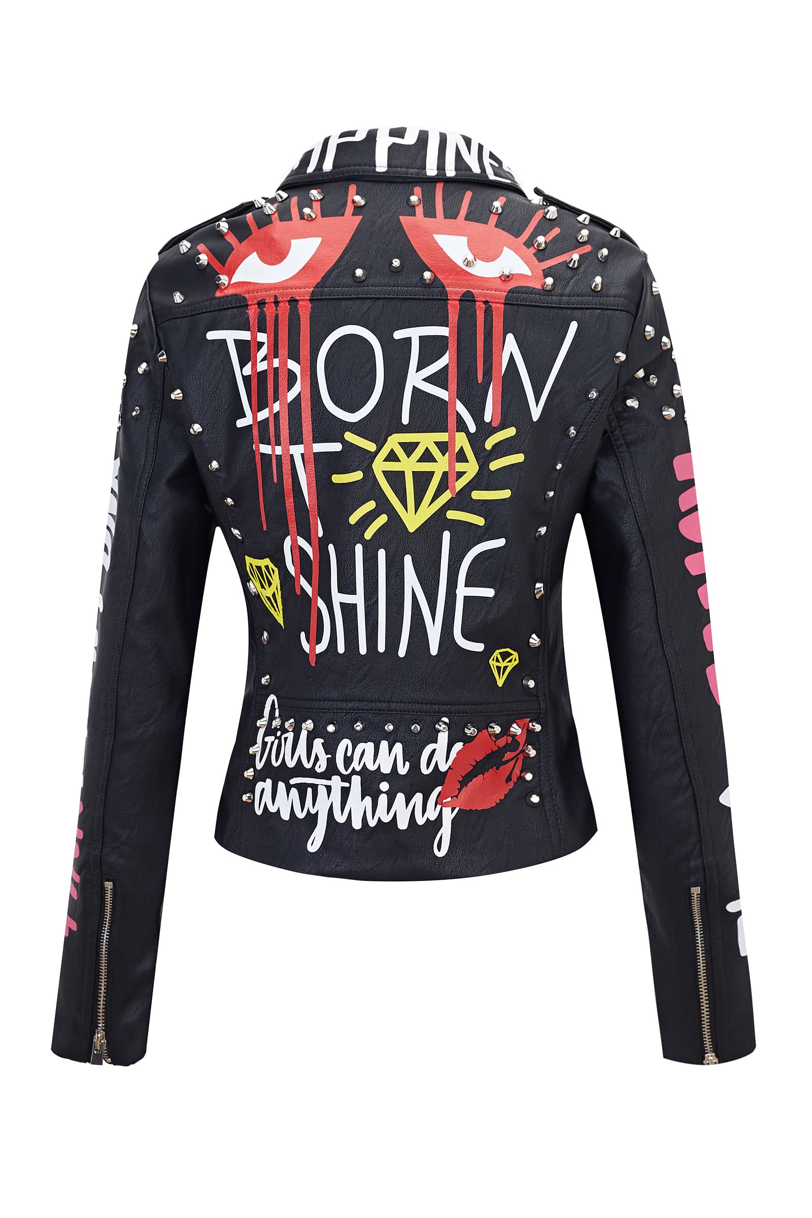 RISISSIDA Studded Leather Jacket Women Moto Motorcycle Faux Leather Coat Black 0480 M