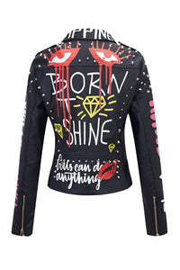 RISISSIDA Studded Leather Jacket Women Moto Motorcycle Faux Leather Coat Black 0480 M