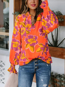 MASCOMODA Womens V Neck Floral Long Sleeve Tops 2025 Summer Casual Loose Puff Sleeve Chiffon Boho Work Blouse Dressy T Shirts(Orange Purple Flower,Large)